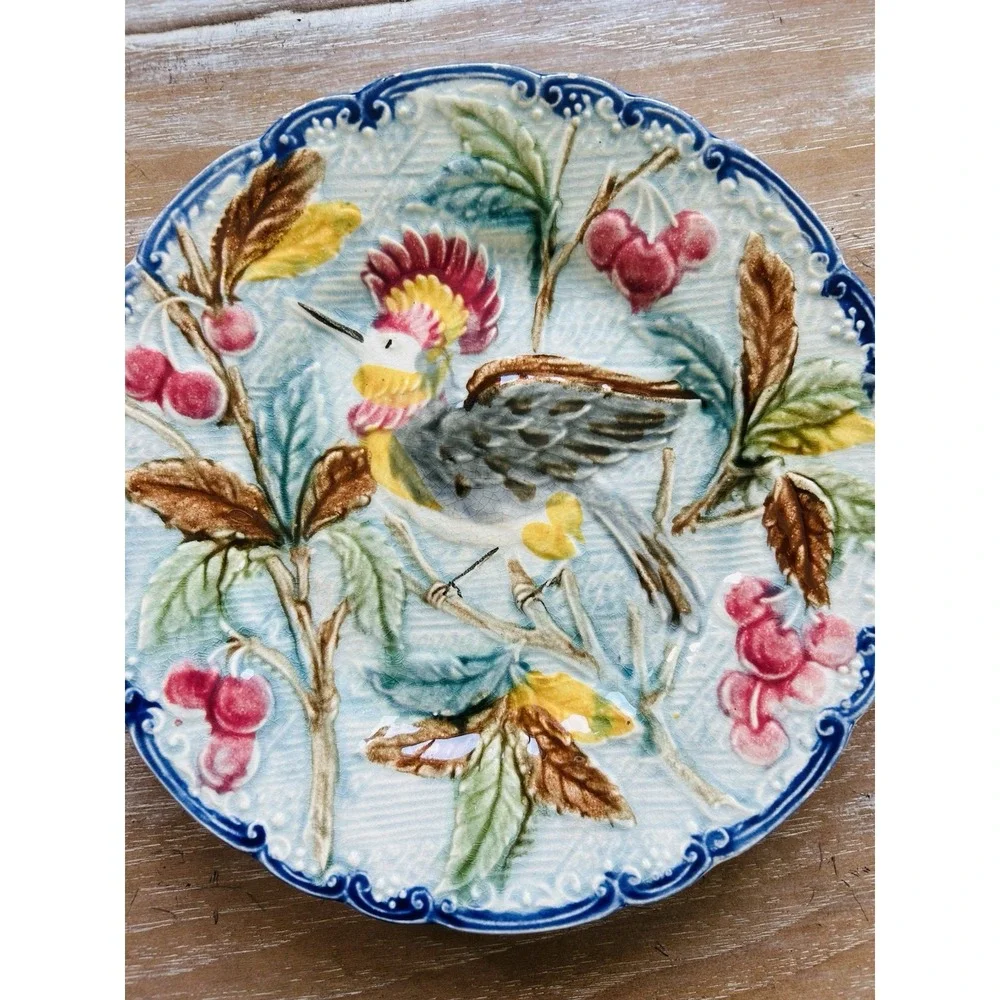 Antique Majolica Plate with Bird of Paradise c.1890's-1900